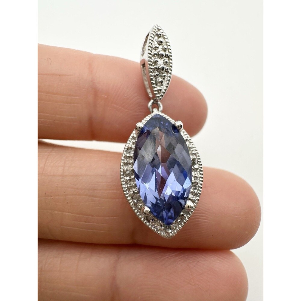 925 Sterling Silver Marquise blue Spinel Pendant with Diamond